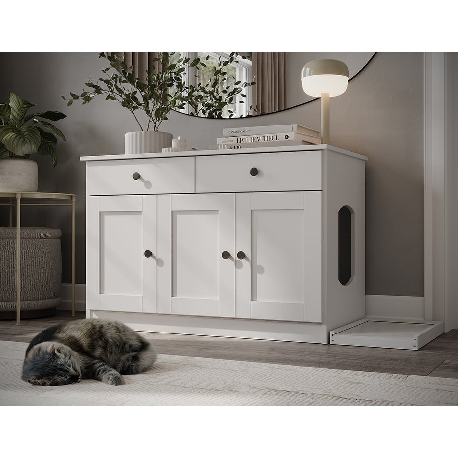 Palace Imports 100% Solid Wood Ziva 3-Door Cat Litter Box Enclosure with 2-Drawers and Litter Catch
