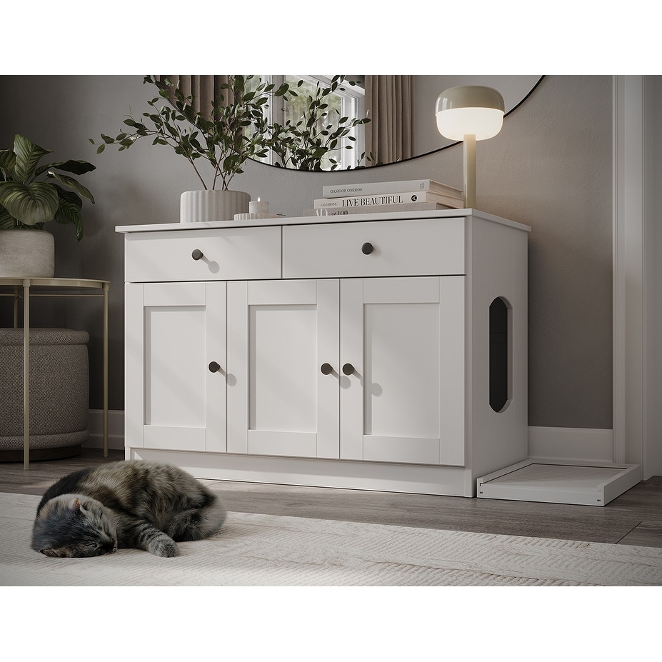 Palace Imports 100% Solid Wood Ziva 3-Door Cat Litter Box Enclosure with 2-Drawers and Litter Catch