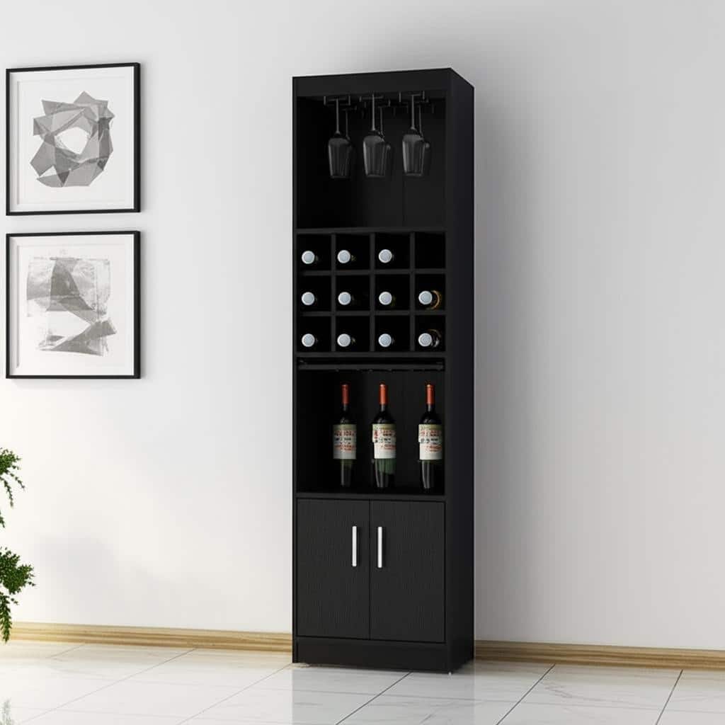 HomeRoots 71" Black Wood Bar Cabinet With Two Doors