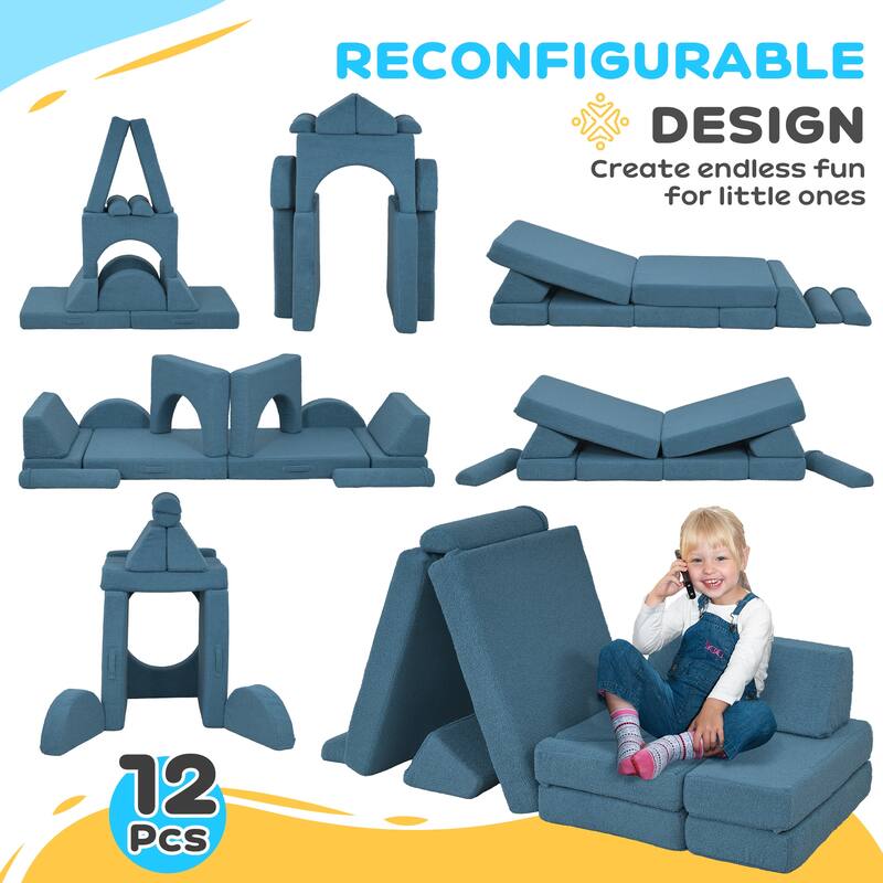 12 Pcs Kids Modular Couch, Toddlers Couch Child Sectional Sofa, Playroom Bedroom Furniture for Boys and Girls, Blue