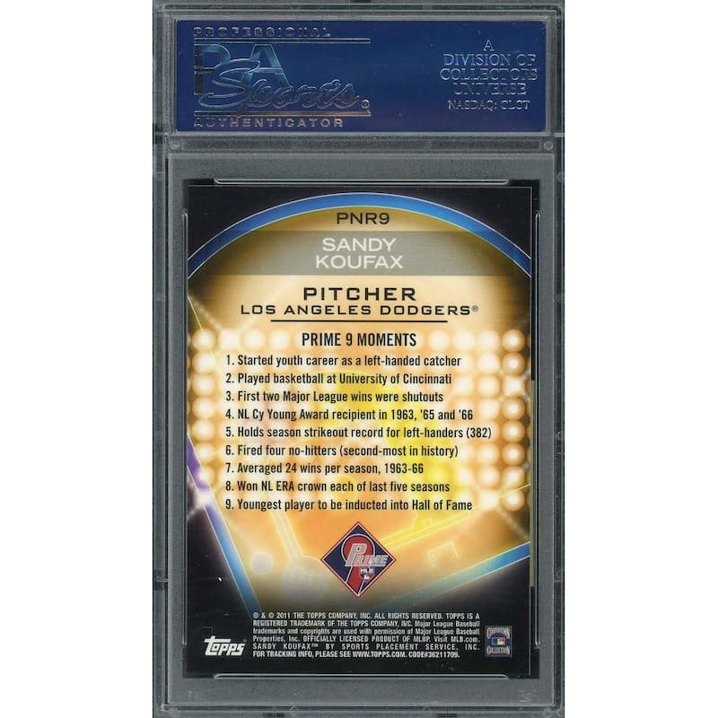 Sandy Koufax 2011 Topps Prime 9 Redemption Baseball Card #PNR9 Graded PSA 10 - 8'6" x 11'6"