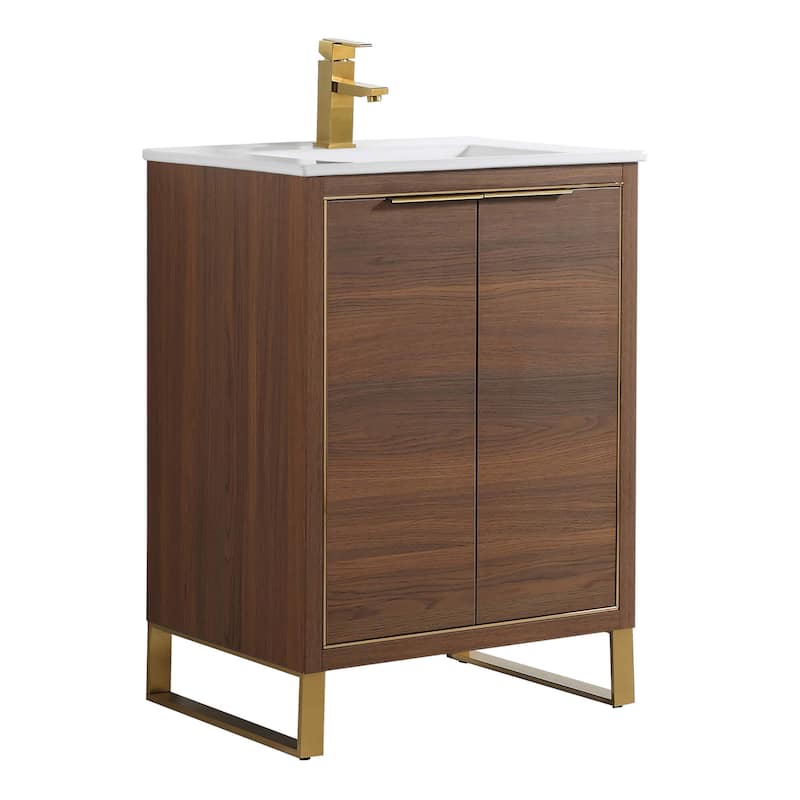 Fine Fixtures Opulence Collection Bathroom Vanity with White Ceramic Sink - 24 Inch - Walnut Ebony - Satin Brass Hardware