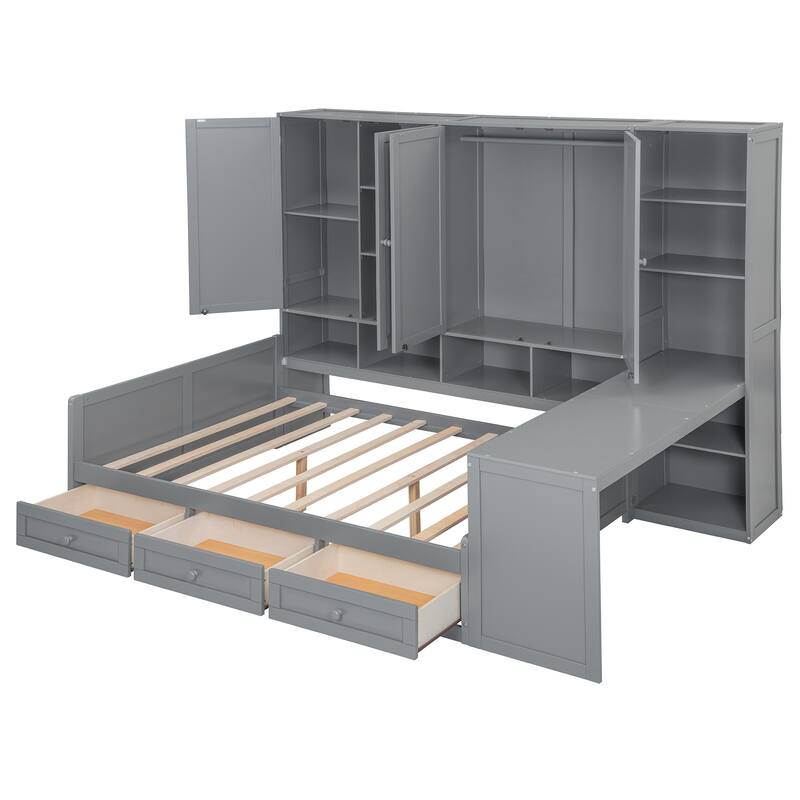 Versatile Full Size Daybed With Desk & Shelves, Space-Saving Wooden Storage Platform Frame with 3 Drawers and All-in-One Cabinet