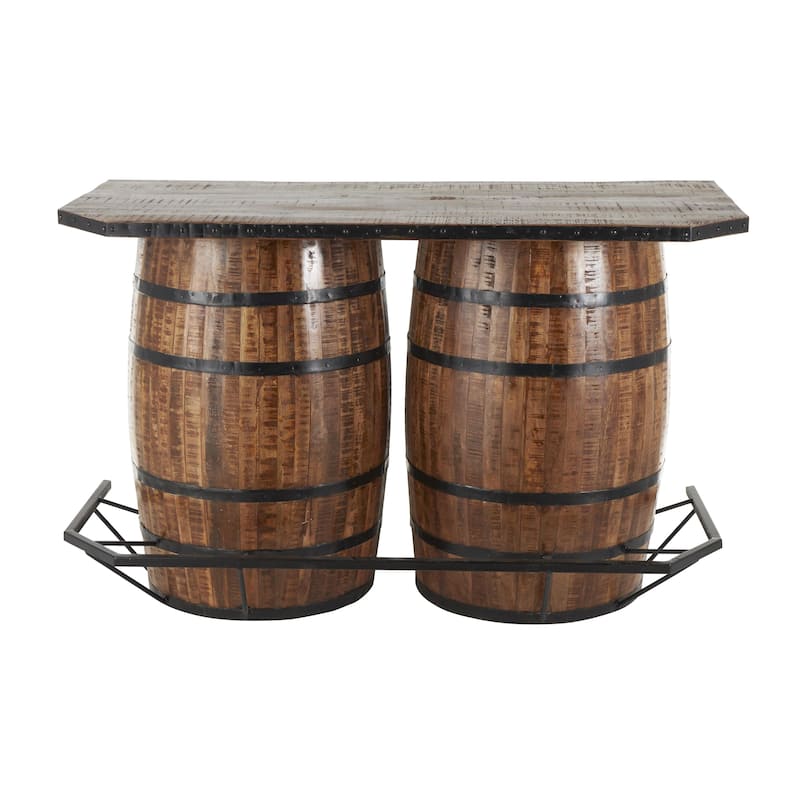 Brown Mango Wood Barrels Bar with Live Edge Tabletop and Black Metal Support - 30"W x 63"L x 40"H
