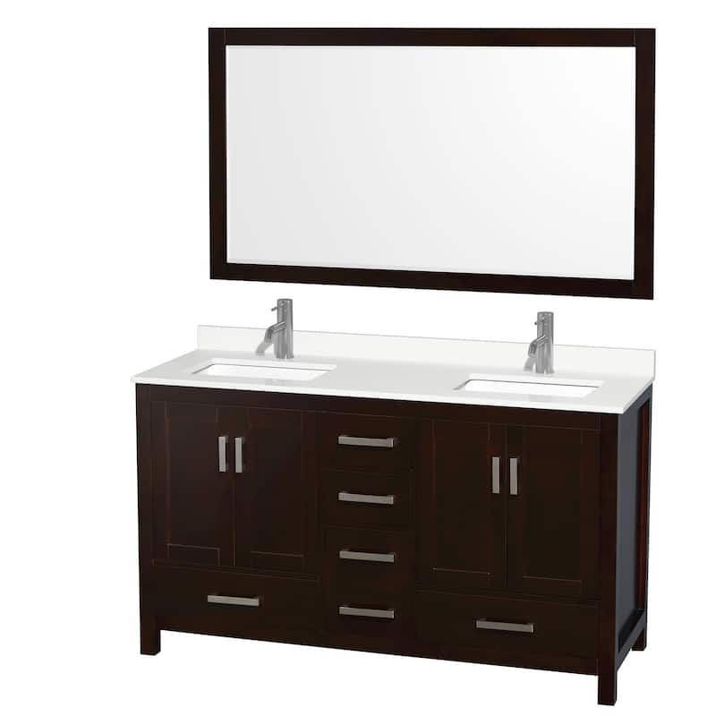 Sheffield 60-inch Double Vanity, Single Hole Quartz Top,58-inch Mirror - Espresso, Chrome Trim, White Quartz Top