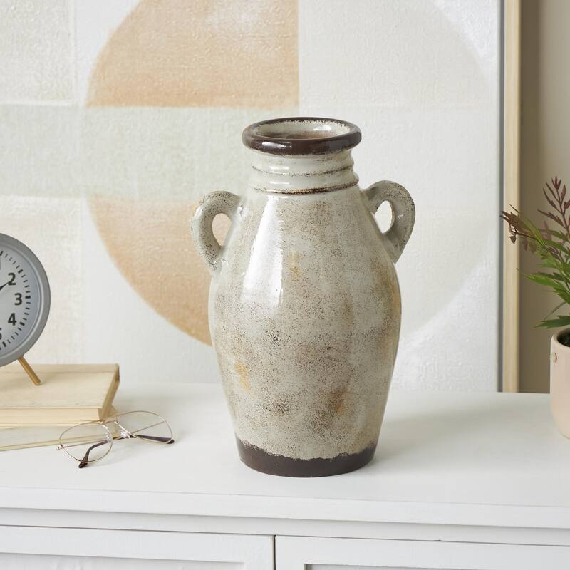 Ceramic Antique Amphora Decorative Vase with Speckled Texturing and Yellow and Brown Accents - Cream - Roche River Decor