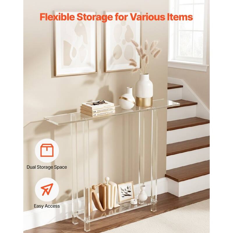 Clear Acrylic 2-Tier Console Table with Sturdy Metal Connectors and Storage - 7.6 x 39.4 x 31.5 in