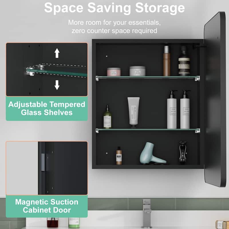Milo LED Iron Medicine Cabinet with Mirror, Dimmable, Anti-fog, Adjustable Glass Shelves, Recessed or Surface Mount