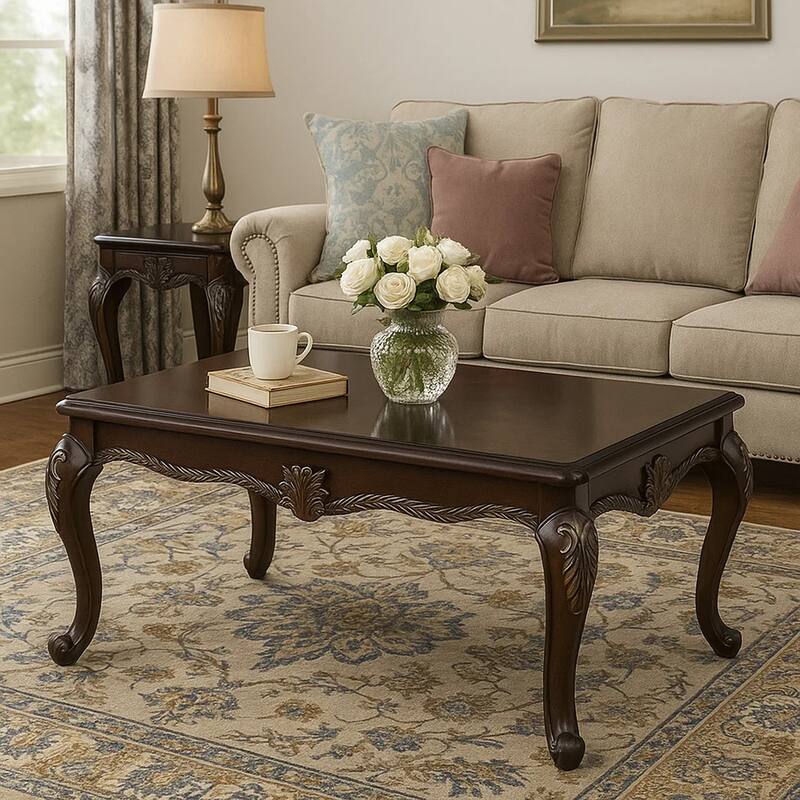 Reese Coffee Table, European Carved Classic Cherry Brown Wood, 48 Inch