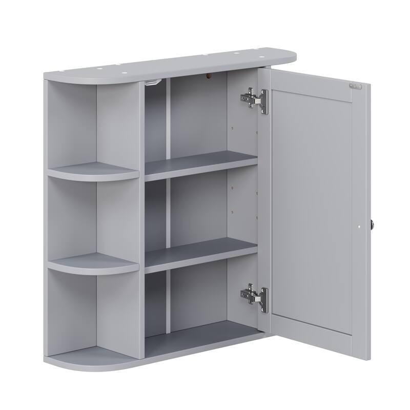 Bathroom Wall Storage Cabinet with Mirror, with Adjustable Wood Shelf & Doors, Mounted Storage Cabinets with 6 Open Shelves