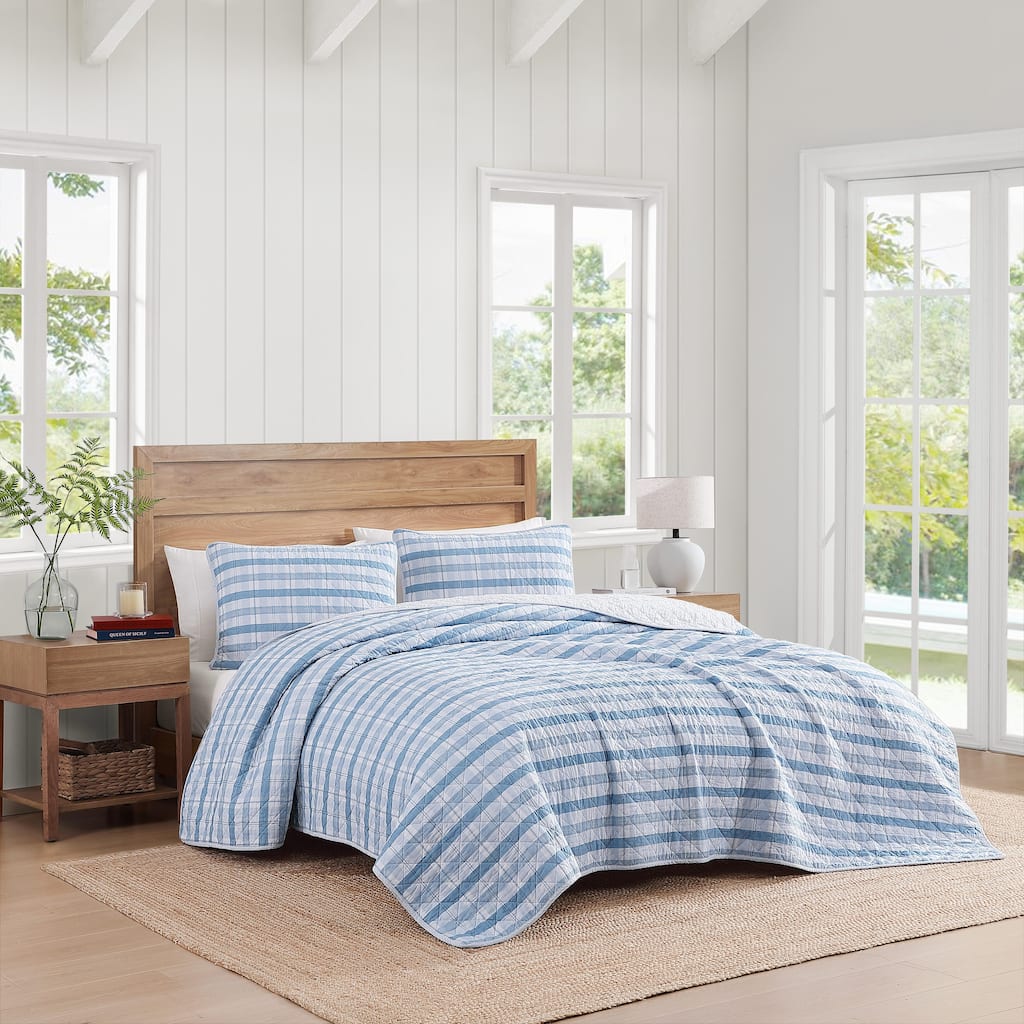 Tommy Hilfiger Dreamy Plaid Cotton Reversible Blue Quilt Set