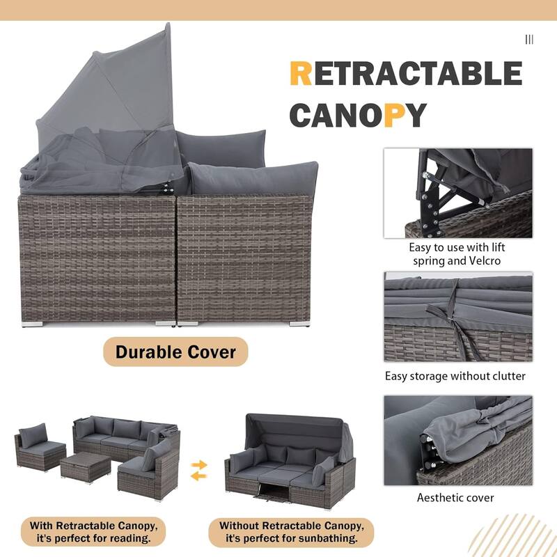 Erommy 6-Piece Patio Set - Rattan Daybed with Canopy & Adjustable Backrest
