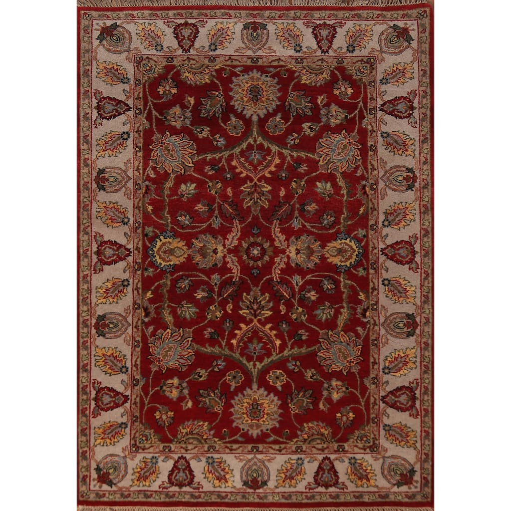 All-Over Floral Red Agra Oriental Area Rug Hand-Knotted Wool Carpet - 4'2"x 6'2"