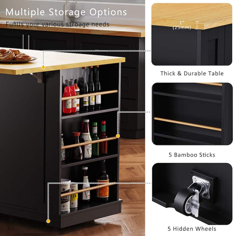 53″ Kitchen Island Cart with Power Outlet and Two Bar Stools