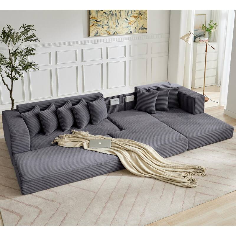 Corduroy L-shaped Chaise Sectional Sofa Convertible Sleeper Sofa Bed - Dark Blue