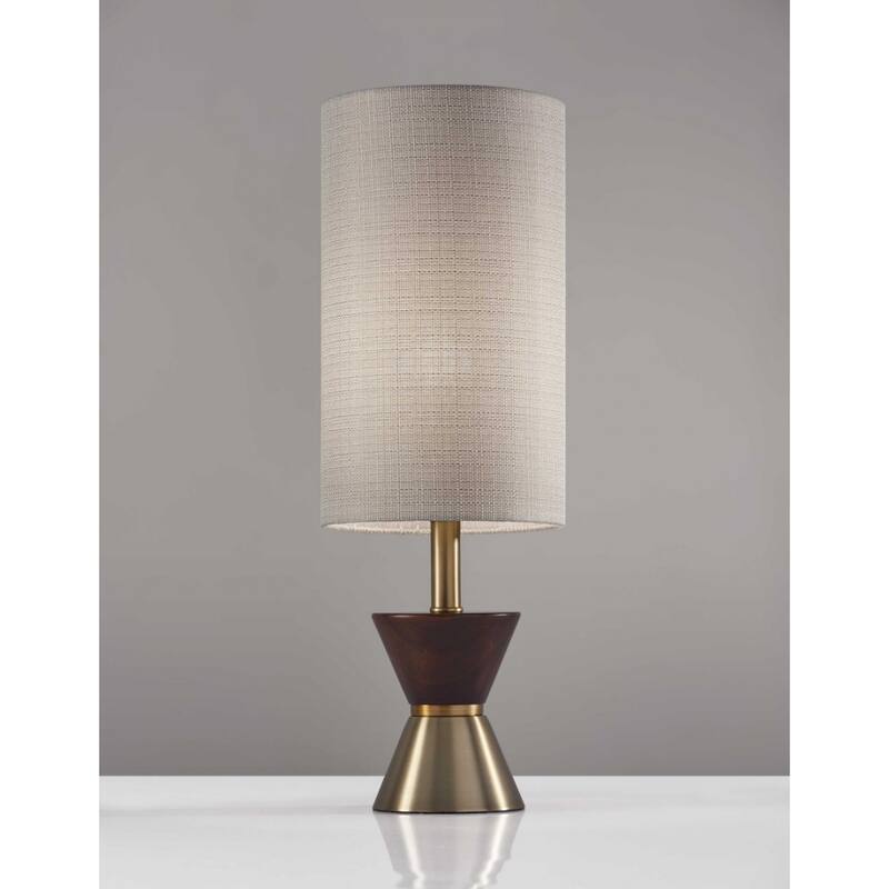 Dark Brown Walnut Wood Brass Base Mid Century Table Lamp with Beige Drum Shade - 8” x 8” x 23” (D x W x H)