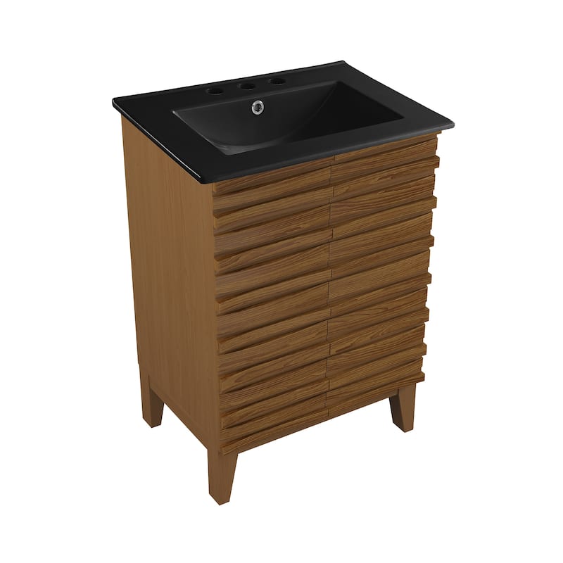 Cascade 24 In. Brown Oak Bathroom Vanity With Black, 3-Hole Ceramic Sink Top