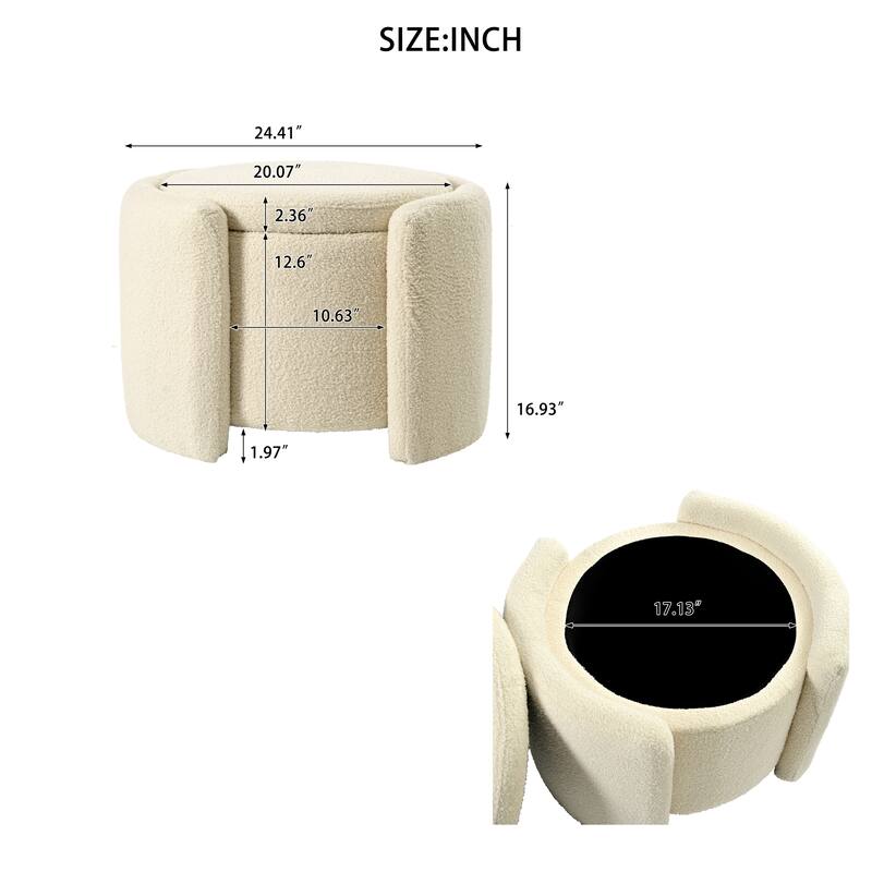 Round Ottoman teddy fleece cushioned footpads living room and bedroom footstool with storage space