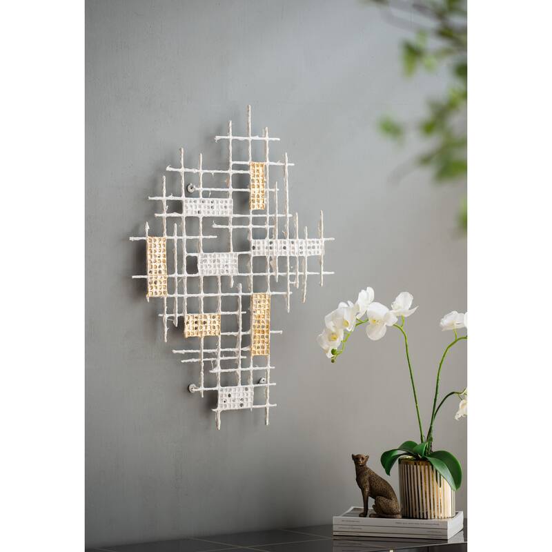 Modern Grid Pattern Wall Decor, Geometric Wall Decor with Gold Accents, Suitable for Bedrooms and Living Rooms - White
