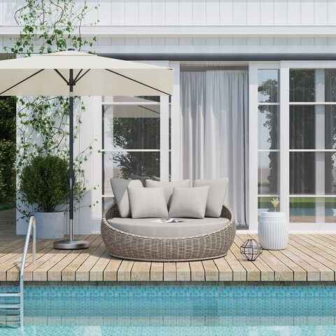 Ove Decors Toreno 1-Piece Round Wicker Patio Daybed Lounger in Grey