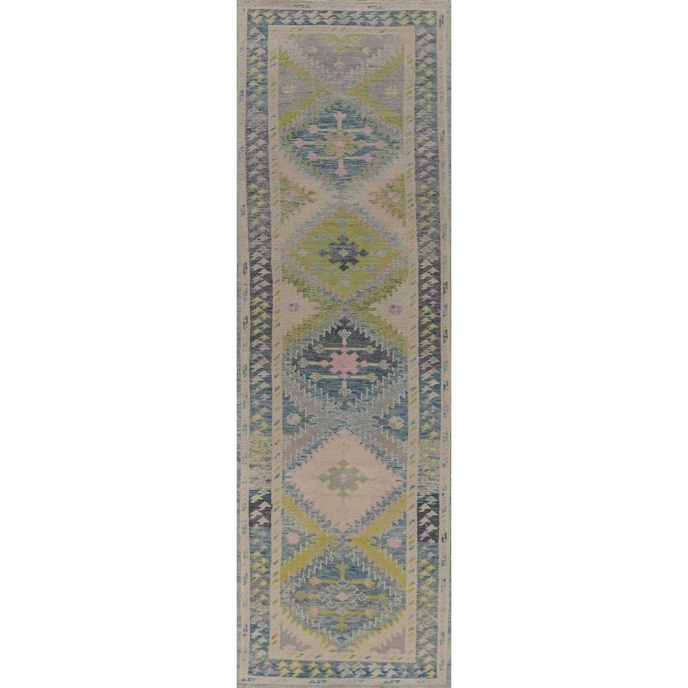 Hand Knotted Oriental 100% Wool Carpet Transitional Geometric Navy Blue & Blues Oushak Runner Rug - 13' 1'' X 3' 4''
