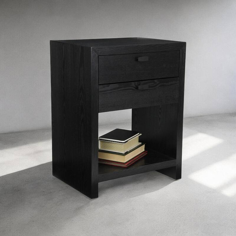 Double Drawer with Open Shelf Wooden Night Stand - 26" - Black