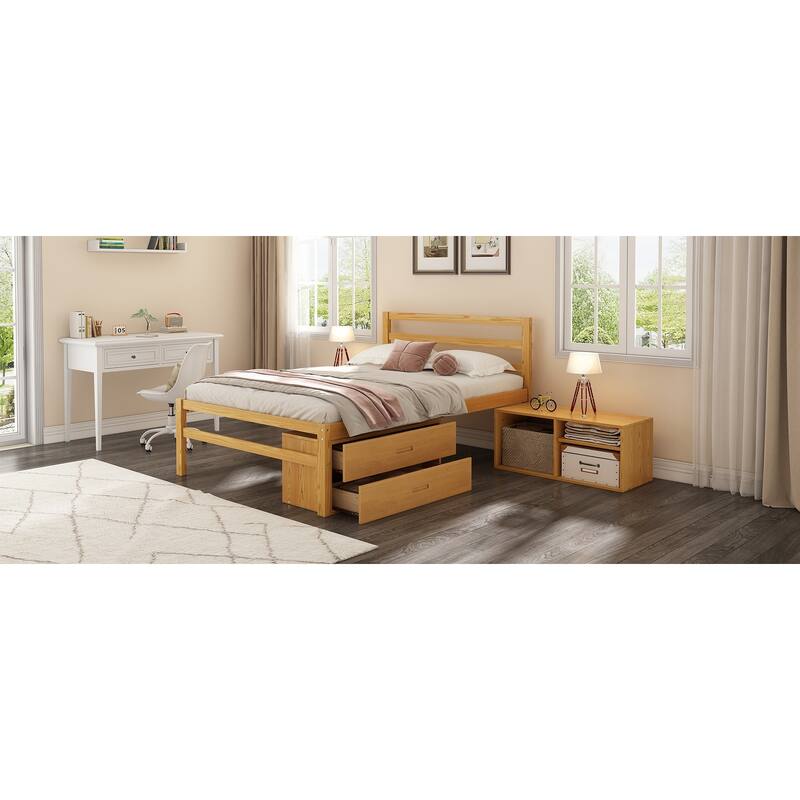 Full Size Wood Platform Bed with Removable Storage Shelves and Built-in Two Storage Drawers