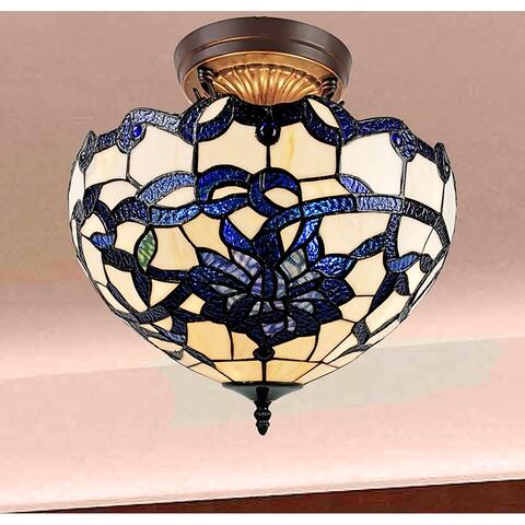 Vayne Blue/White 2-Light Stained Glass Bowl Shade Tiffany-Style Semi-Flush Mount