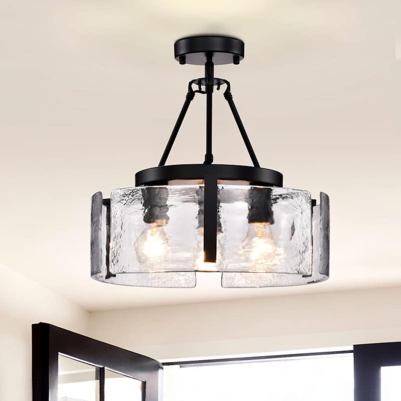 Reina 3-Light Water Textured Glass Panel Drum Semi Flush Mount - Black