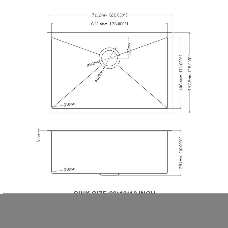28" Undermount Kitchen Sink Gunmetal Black Stainless Steel Deep Single Bowl Kitchen - 28" x 18" x 10"
