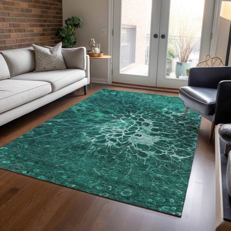 Machine Washable Indoor/ Outdoor Chantille Modern Floral Rug - Teal - 9' x 12'
