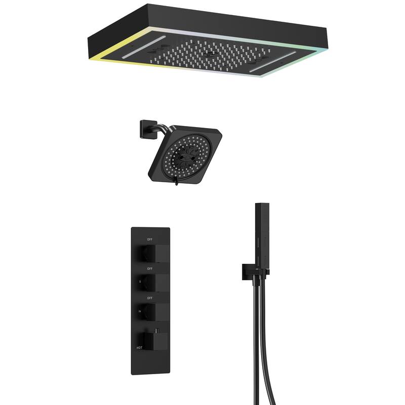 GRANDJOY Thermostatic LED Rain and Waterfall Shower System with Handheld, Ceiling-Mount Modern Design - Matte Black