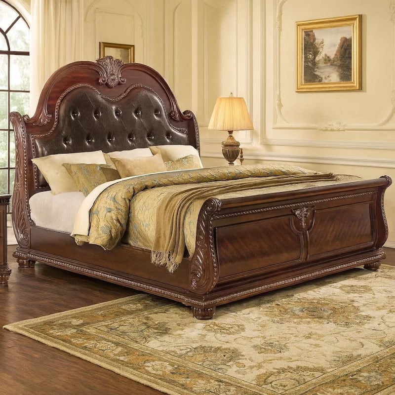 Mano King Bed, Faux Leather Upholstery, Classic Floral Carved, Brown Wood