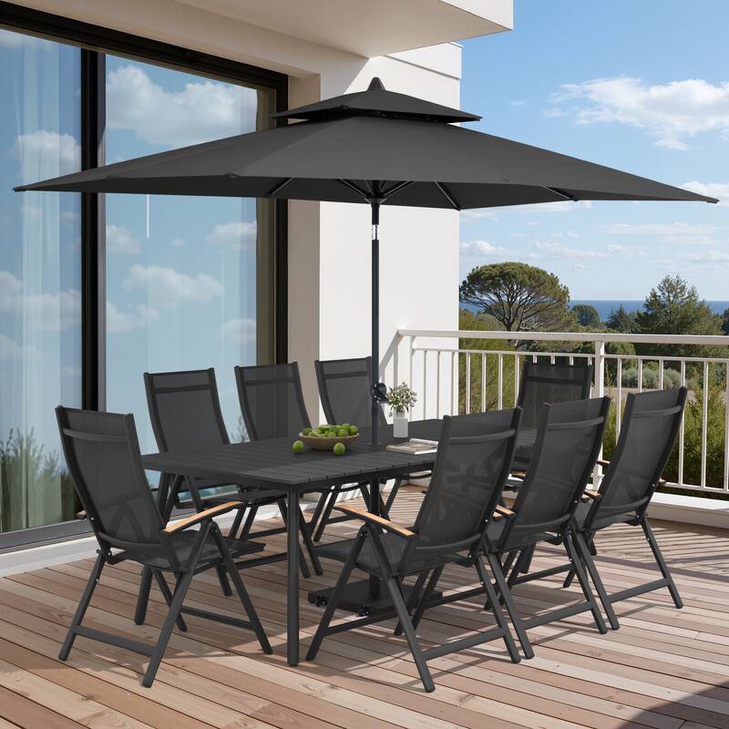 9/11-Piece Outdoor Patio Dining Set Aluminum Dining Table and Folding Chairs w/10 ft Umbrella and Base - Set of 11 - Black Table with Black Umbrella