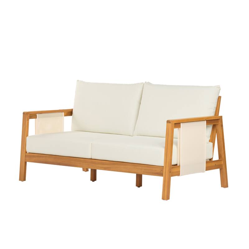 Christopher Knight Home - Arno Mid-Century Modern Outdoor Acacia Wood Sofa Seating Set with Cushions and Coffee Table