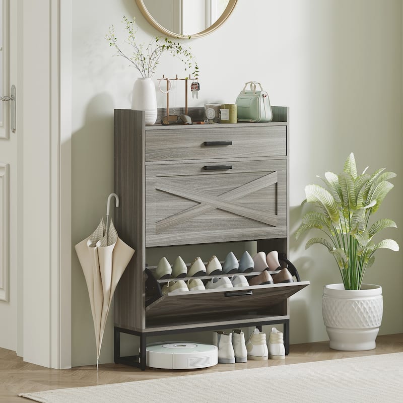 Modern Shoe Cabinet with 2 Tilt-Out Storage Drawers and Adjustable Shelves for Entryway Hallway - 31.5" W x 9.4" D x 45.3" H - Distressed Grey