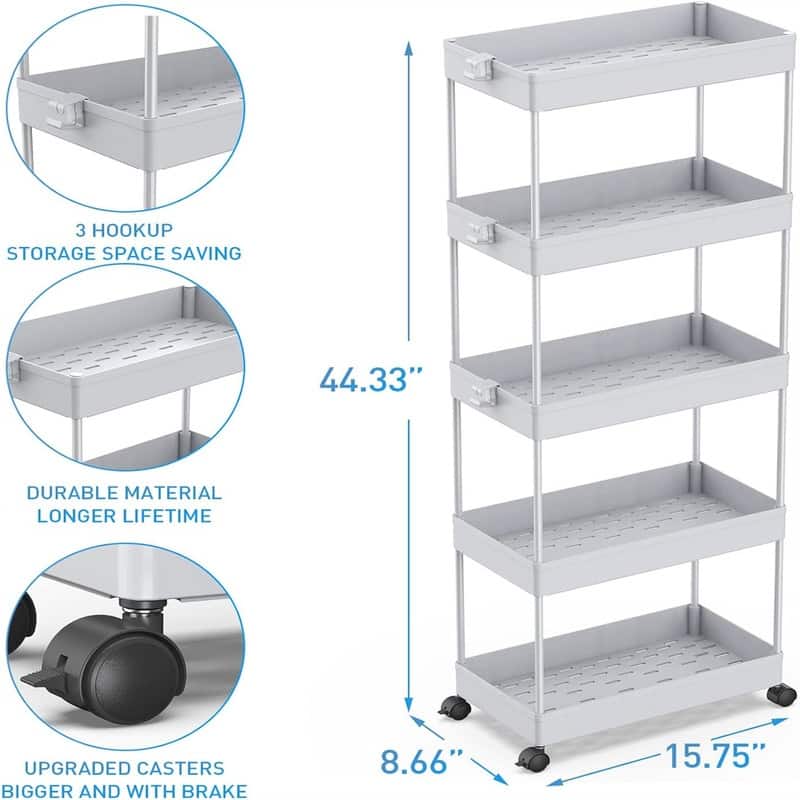 5 Tier Storage Cart Organizer Rolling Utility Cart - 8.66"D x 15.75"W x 44.33"H