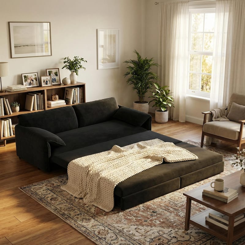 Homy Casa 66" Queen Pull-Out Sofa Bed with Storage, Velvet Loveseat