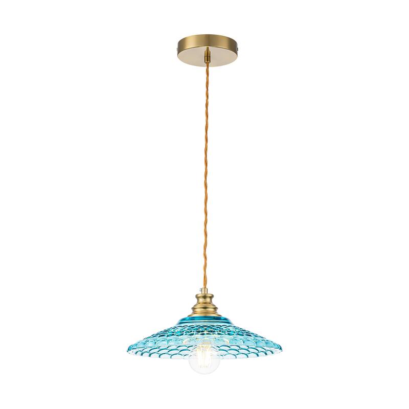 1-Light Vintage Brass & Textured Blue Glass Pendant Light for Kitchen Island, Dining Room - 1 Light