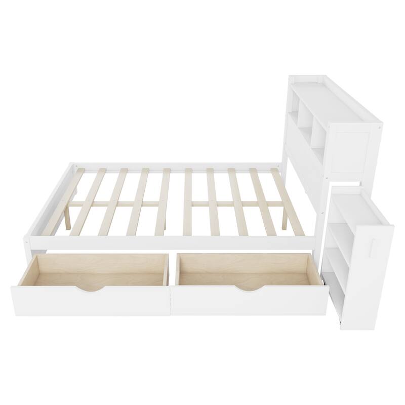 Full Size Bed with Drawers, Wood Full Bed with Storage Headboard and Pull Out Storage Cabinet, Wood Bed with Light and Socket