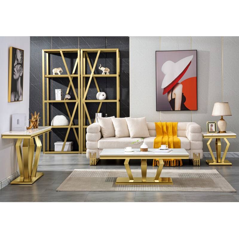 Luxury Rectangular Sofa Console Table Modern Living Room Entryway Table with Mirrored Gold Geometric Base