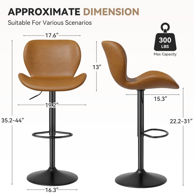 Swivel Bar Stools Set of 2,PU Leather Upholstered Barstools with Back & Footrest, Seat Adjustable Height 22.2-31IN Bar Chairs