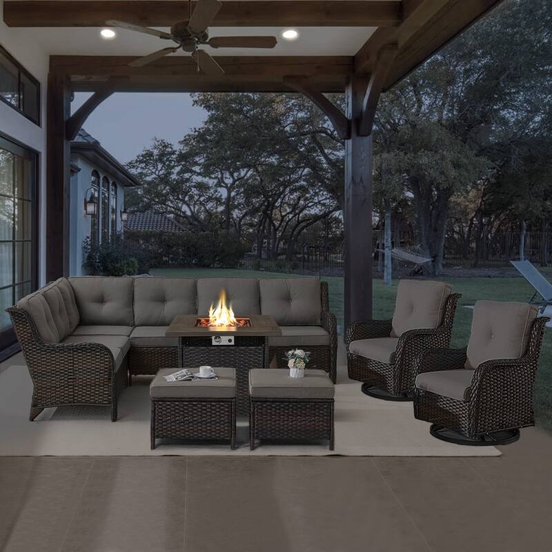 Gymojoy 6-Piece Outdoor Wicker Patio Furniture with Fire Pit and L-shaped Sectional Sofa, Coversation Set with Thick Cushions