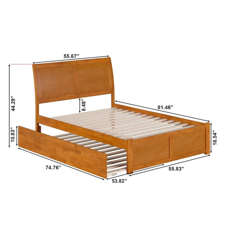 Solid Wood Platform Bed with Trundle - Full Size Bed Frame & Footboard - Light Toffee Finish