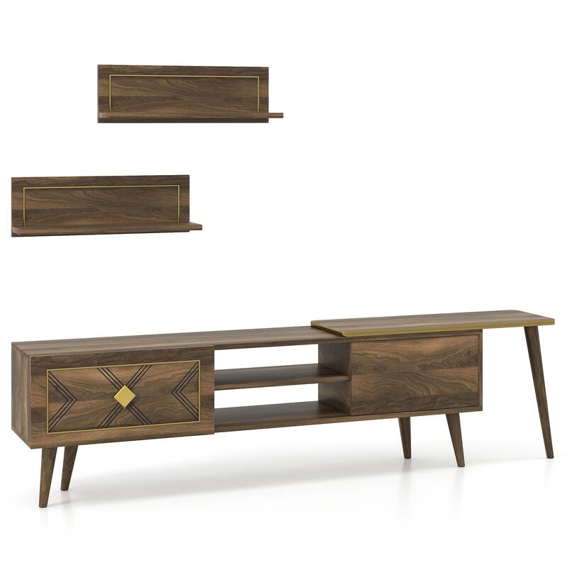 Walnut Engineered Wood TV Stand for 85" TVs with Storage and Floating Shelves - 75" L x 12.5" W x 20" H