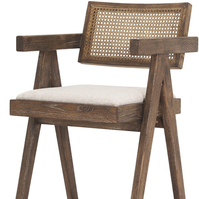 HomeRoots 30" Off White and Brown Fabric and Solid Wood Low Back Bar Height Bar Chair