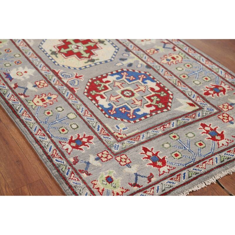 Hand Knotted Oriental 100% Wool Carpet Traditional Geometric Greys & Charcoal Kazak Runner Rug - 13' 3'' X 2' 8''
