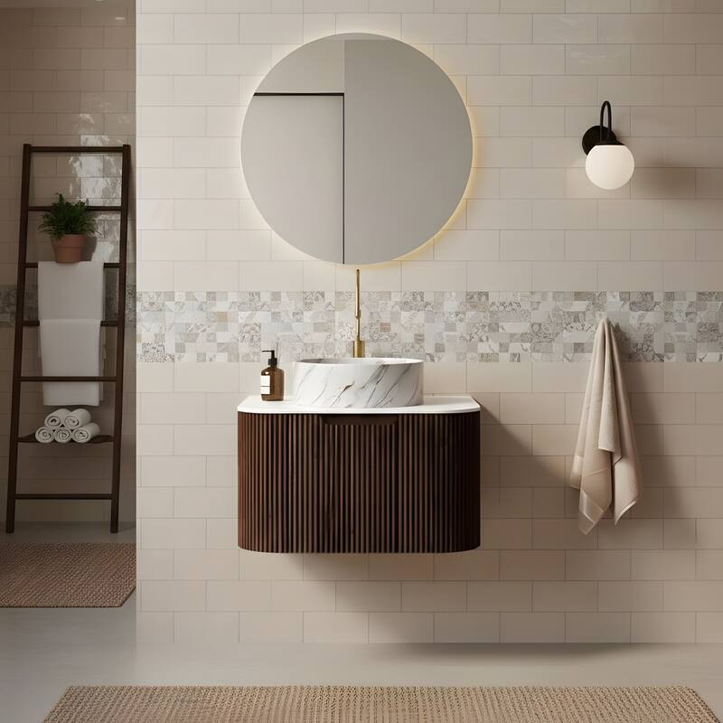 Floating Bathroom with Round Ceramic Basin and Storage Drawer