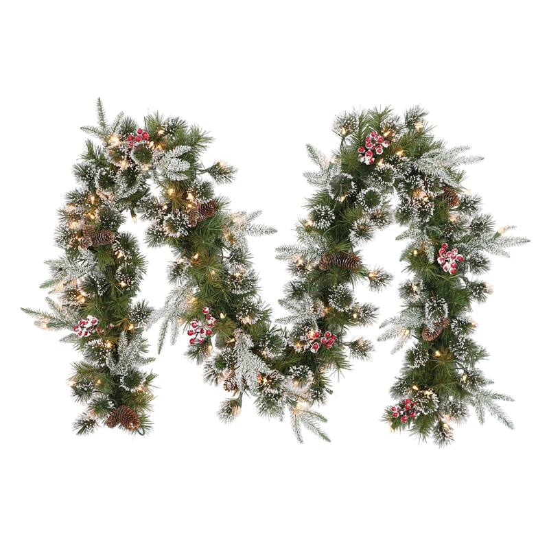 9'x10" Flocked Pine Cone & Berries Christmas Garl&, Clear Lights