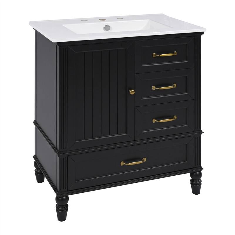 30" Bathroom Vanity with Ceramic Sink Combo, Freestanding Bathroom Vanity Cabinet with 1 Door and 3 Storage Drawers